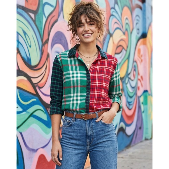 Lands' End Tops - Lands End PL Women's Plaid Colorblock Button Down Shirt Petite 14-16 Fleece